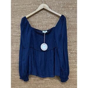 Umgee Blue Smocked Neck Gold Shimmer Babydoll Top Women’s Large